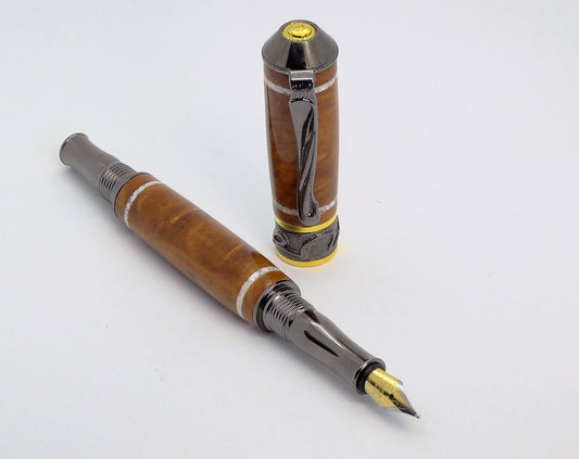 Broadwell Nouveau Sceptre Fountain Pen in Gunmetal, Gold, Madrone Burl, Mother of Pearl Inlay