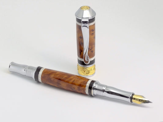 Broadwell Nouveau Sceptre Fountain Pen in Chrome, Gold, Thuya Burl and Ebony, Mother of Pearl Inlay